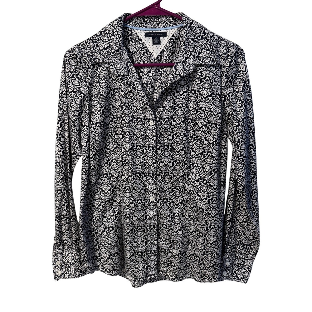 Tommy Hilfiger Button Down Womens Small Black White Damask
